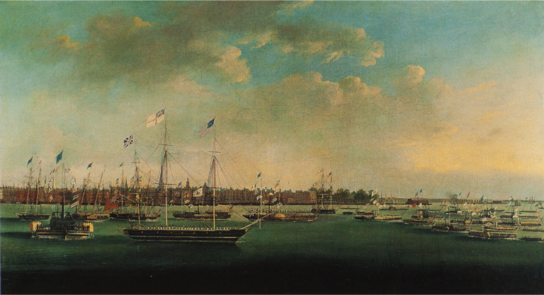 Lithograph of the New York City celebration marking the opening of the Erie Canal, 1825