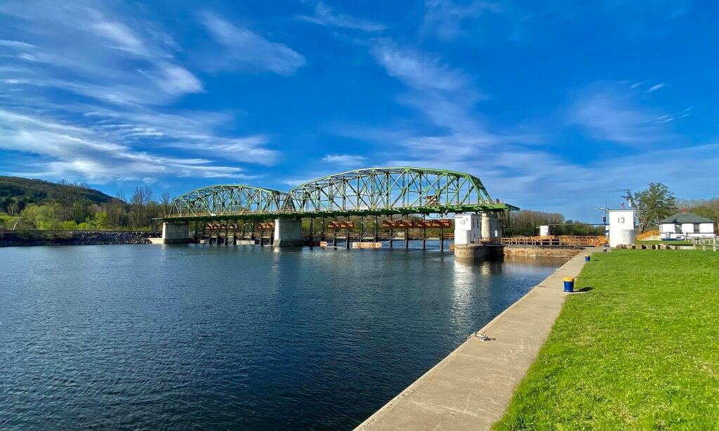 Erie Canal Lock E13 seen from the Mohawk Valley Welcome Center at Root, NY