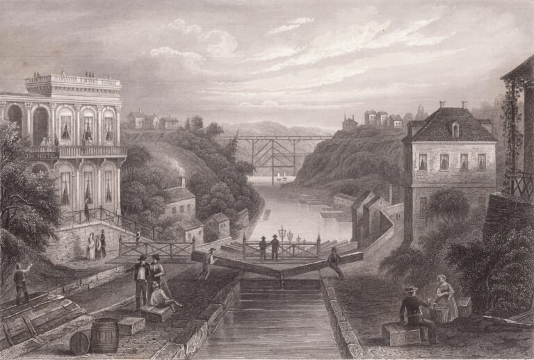 Hand-colored lithograph of the Erie Canal locks at Lockport, New York, c. 1855