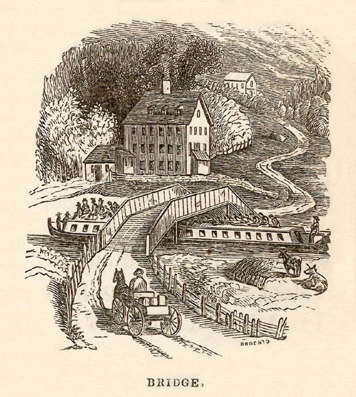 A packet boat passing beneath a low bridge as passengers duck — engraving by W. Roberts, 1852