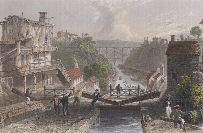 Boats and low bridges at Lockport on the Erie Canal — engraving after W. H. Bartlett, 1839