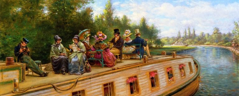 'Nearing the Bend' — a mule team towing a line boat along the canal, by Edward Lamson Henry, c. 1900