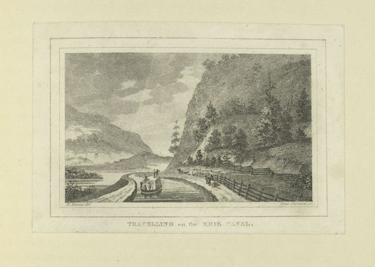 Travellers aboard a crowded Erie Canal packet boat, 19th-century print