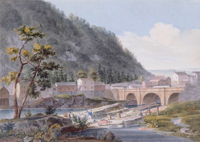 View on the Erie Canal with a passing boat, drawing by J. W. Hill, 1831