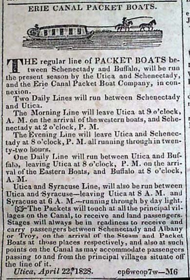 Advertisement for Erie Canal packet boats, 'American Traveller,' Boston, 1828