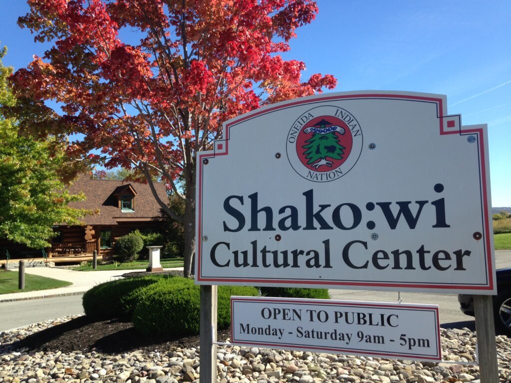 The Shako:wi Cultural Center, a white-pine log building