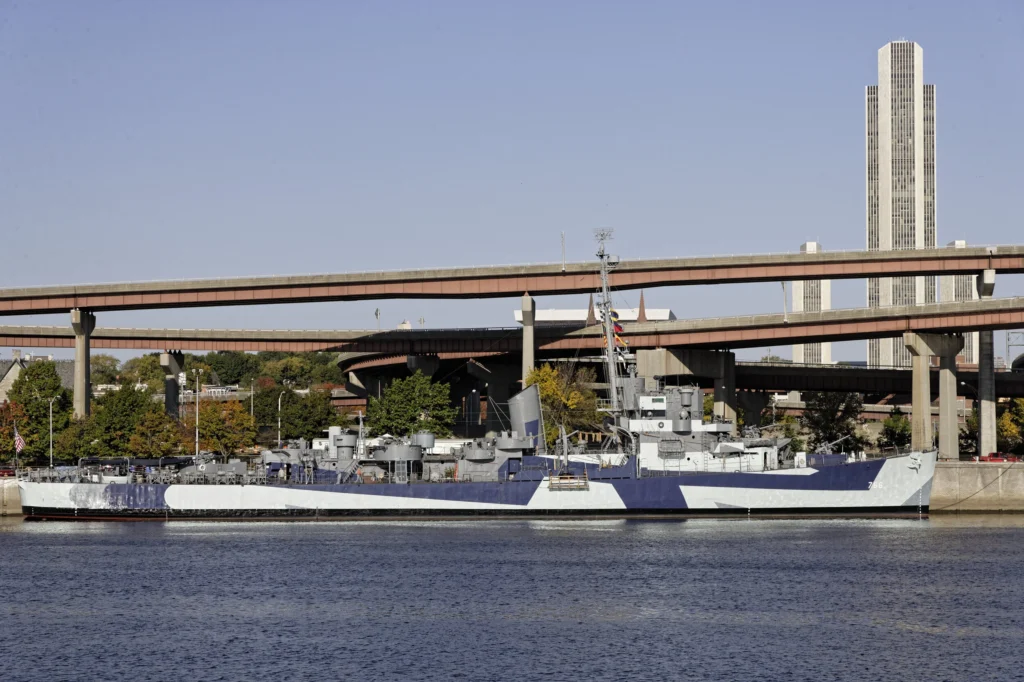 The WWII destroyer escort USS Slater moored on the Hudson at Albany