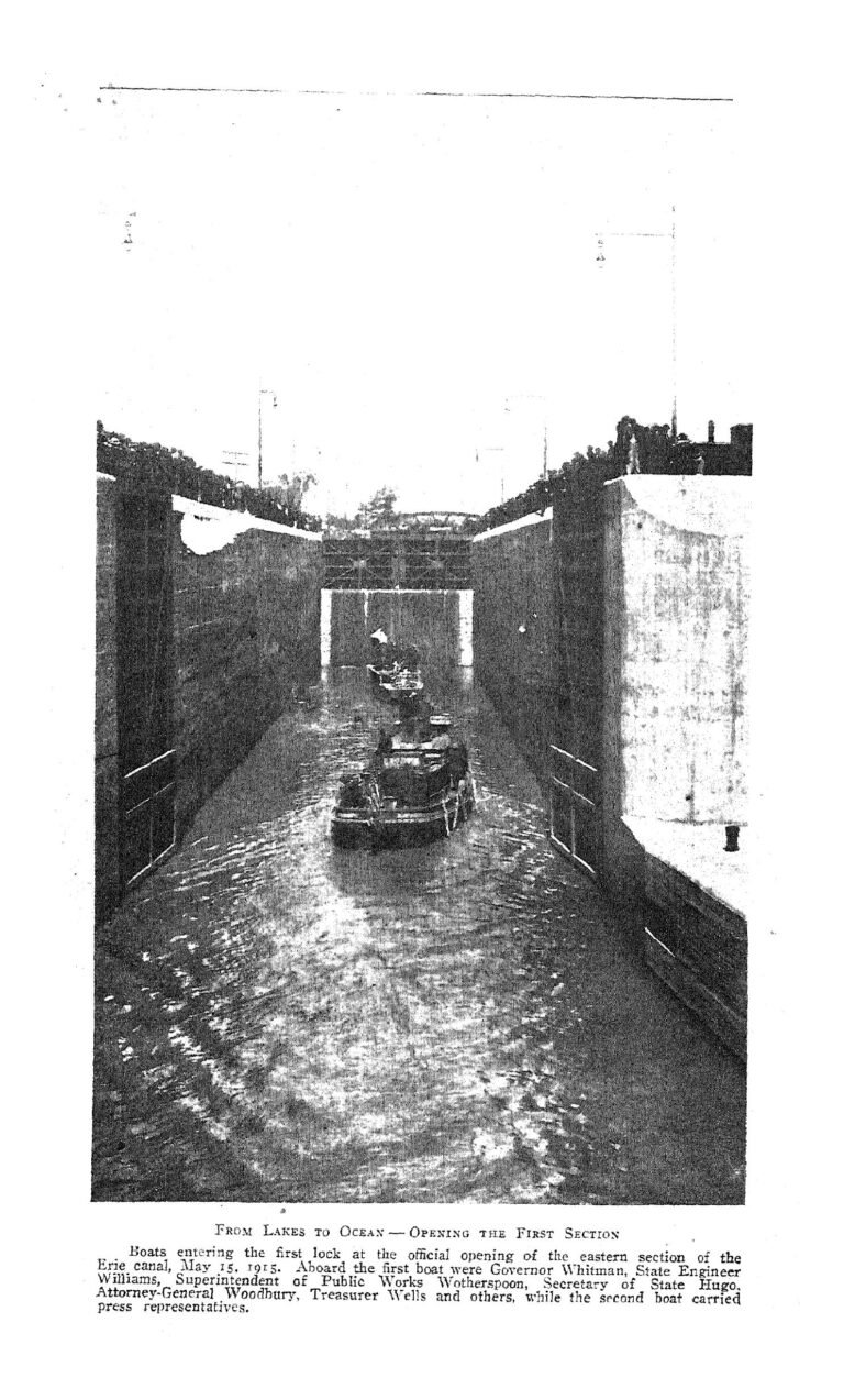 Boats entering the first lock at the official opening of the eastern section of the New York State Barge Canal