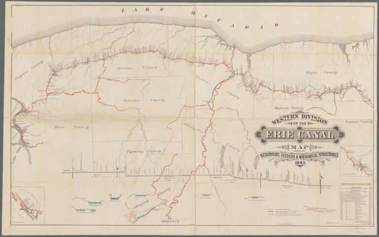 1882 map of the Western Division of the Erie Canal showing its reservoirs, feeders and mechanical structures